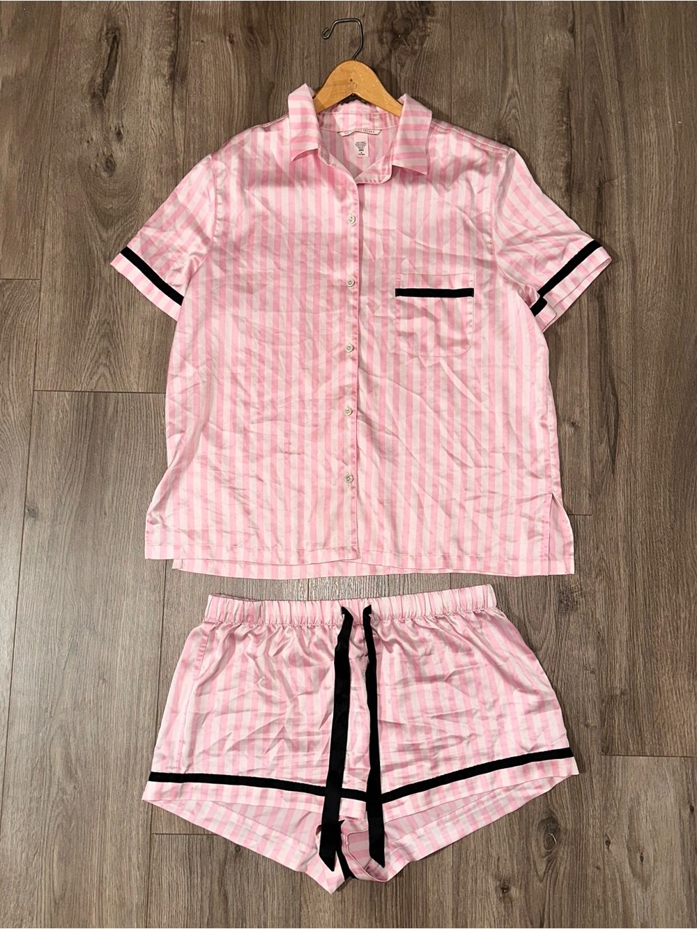 Satin Pajama Set Pink Striped Short Sleeve Pajama Women’s